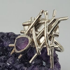 AMETHYST ABSTRACT RING HANDMADE IN STERLING SILVER METAL SIZE 8